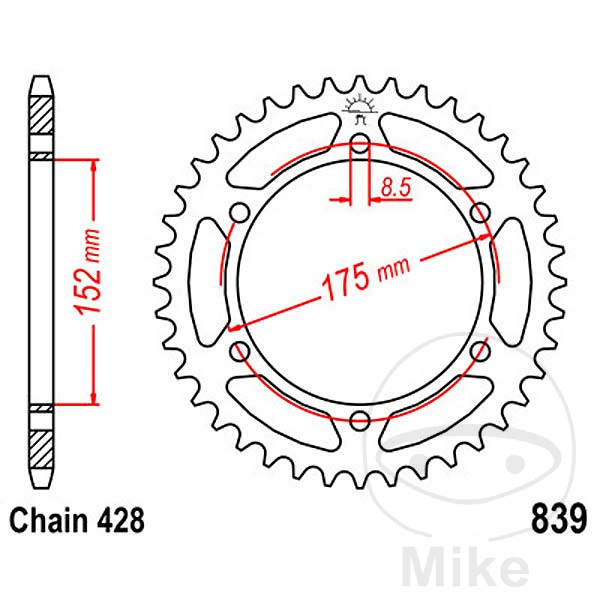 Kædehjul 57z,str. 428 INDVENDIG DIAMETER 152 BOLT AFSTAND 175